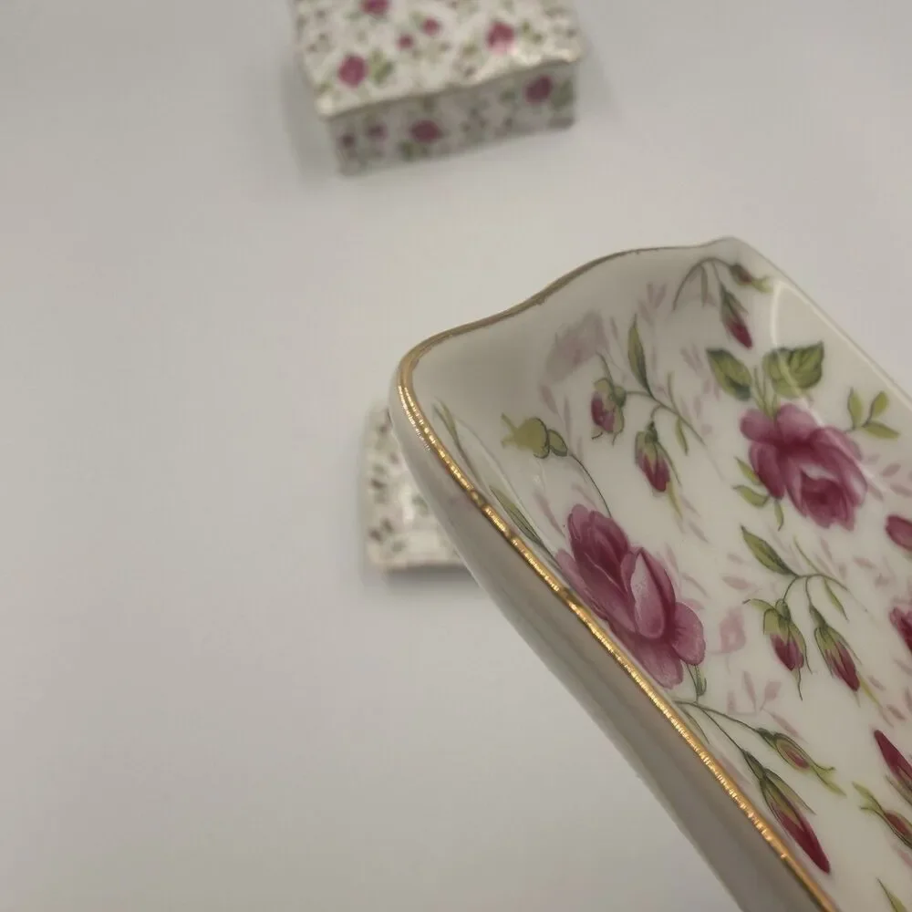 Lefton Rose Chintz Trinket Jewelry Box 2 Nesting Vintage Dishes Japan